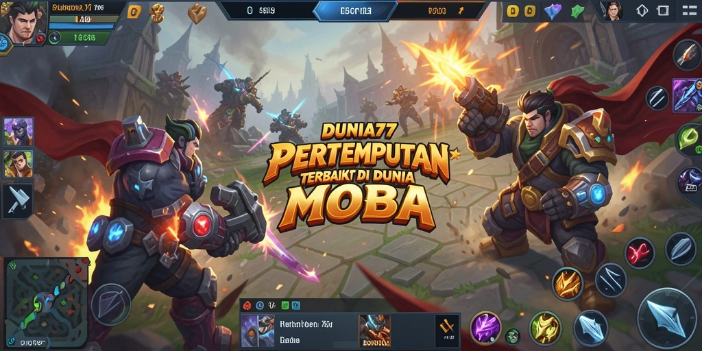 Screenshot menampilkan pertempuran heroik dalam gameplay MOBA DUNIA77.