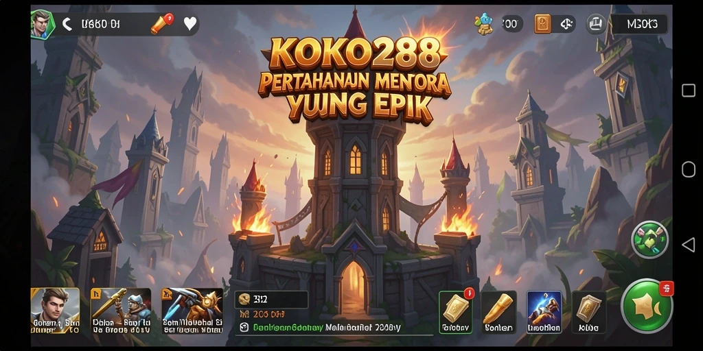 Screenshot KOKO288 menampilkan aksi seru pertahanan menara melawan musuh.