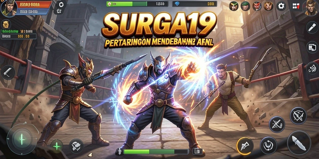 Tangkapan layar gameplay <strong>SURGA19</strong> menunjukkan pertarungan seru antar karakter.