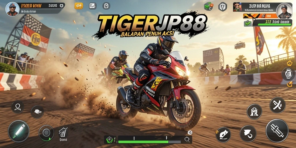 Screenshot gameplay TIGERJP88 yang menampilkan aksi balapan motor seru.